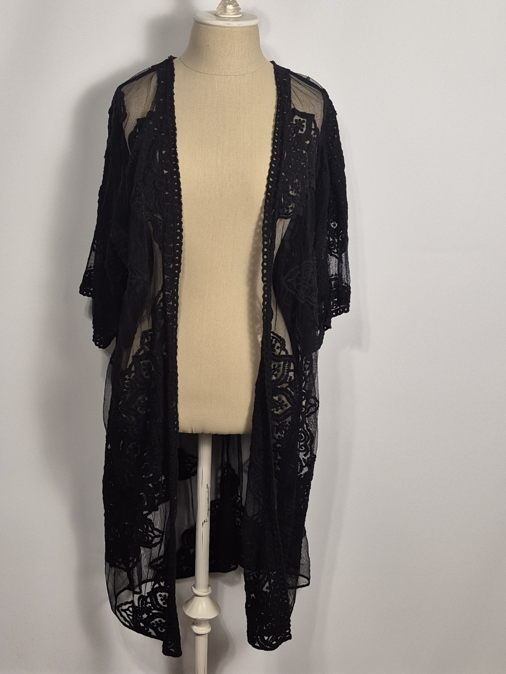 Black Lace Sheer Open Front Kimono Cardigan Duster Boho Festival Cover Up L/XL
